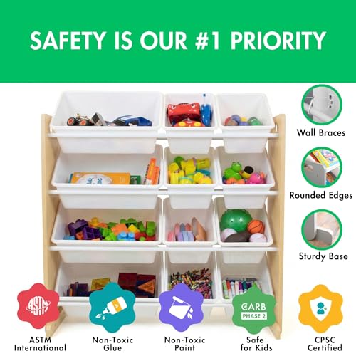 Image of Humble Crew Toy Storage Organizer with 12 Removable Storage Bins for Kids Playroom, 4-Tier Toddler Toy Organization, Natural /White