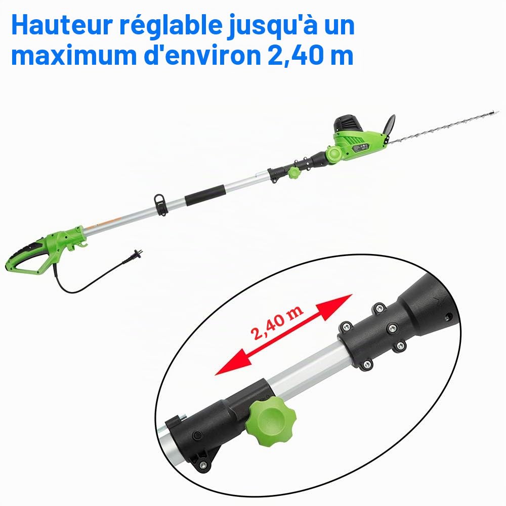 BAKAJI Taille-haie télescopique électrique avec Tige Extensible, Taille Haies Lame 41 cm avec Inclinaison, Lame réglable, Entretien du Jardin, Coupe-Bordures (460W - 240 cm)