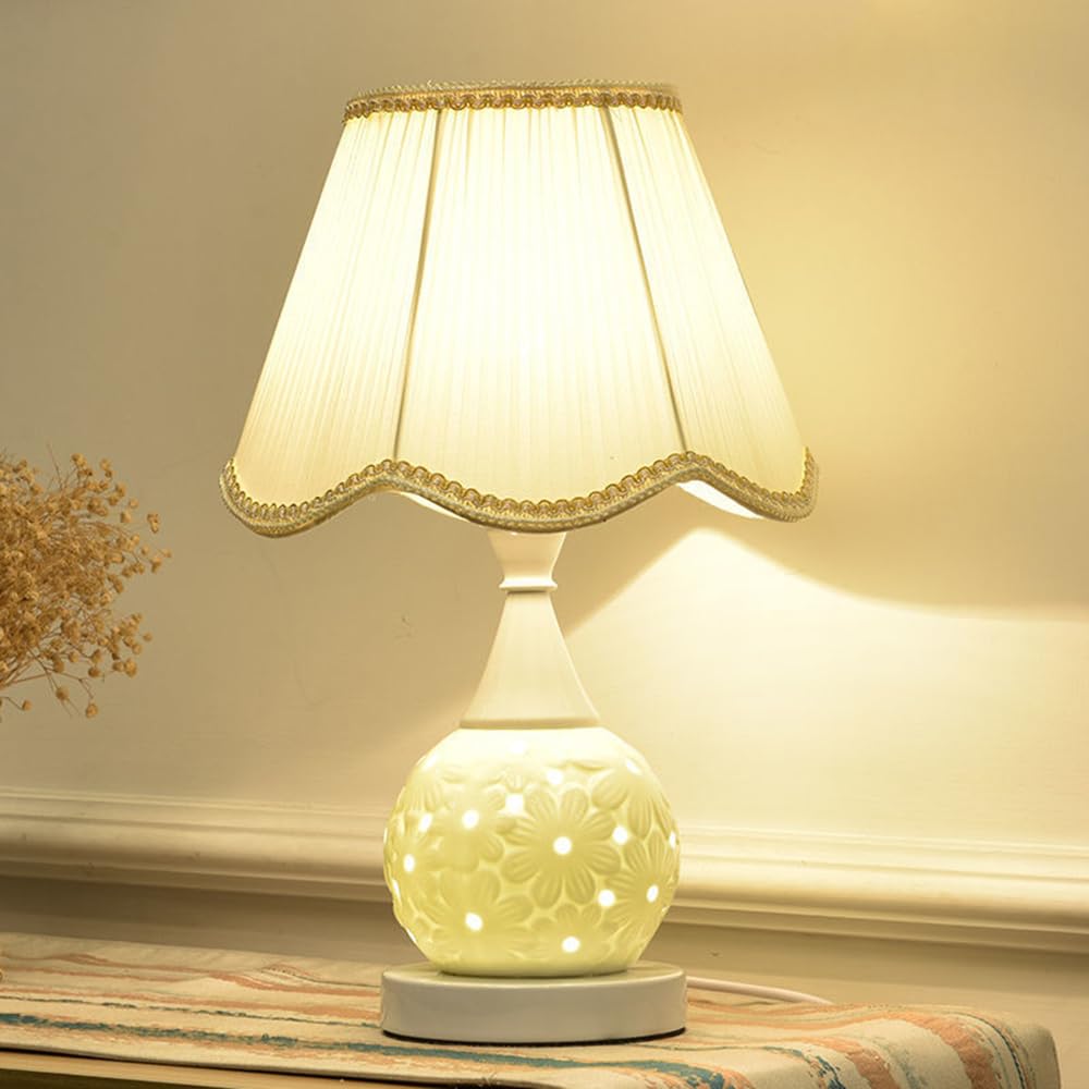 Mengjay Tischlampe Retro Keramik,E27 Tischleuchte Deko Wohnzimmer,Vintage Nachttischlampe mit Stoff Lampenschirm,Schreibtischlampe Schlafzimmer Kinderzimmer Büro Deko (Beige)