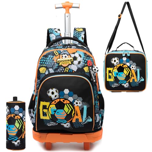 ZBAOGTW Mochila com rodinhas para crianças de 8 a 12 anos, mochila com rodinhas para meninos escolares, Futebol preto, 16.9' x 12.5' x 8.6' (20L)