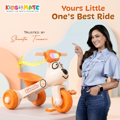 Image of Kidsmate Teddy Musical Tricycle for Kids 18-36 Months | Foldable Design with LED Lights on Handlebar | Baby Trike for Boys & Girls, Upto 18kg (Orange & White)