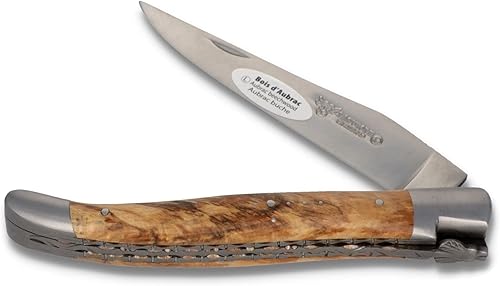 Laguiole en Aubrac Cuchillo Francés Hecho a Mano 4.7 in - Doble Platino - Mango de Madera de Haya Aubrac - Hoja y refuerzos Acero Inoxidable