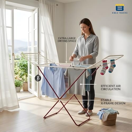 Image of Foldable Clothes Drying Stand | Multi-Rail Folding Laundry Dryer | Lightweight Alloy Steel | Flat-Fold Design | Indoor & Outdoor Use | 1.8 Meter (Red White)