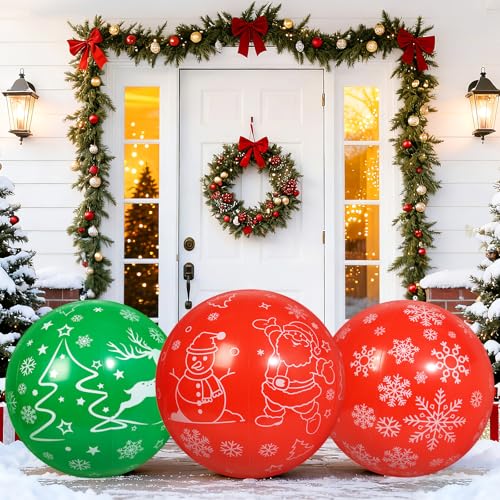 Larber 3 Piezas 60CM Navidad Inflables Bolas Decoraciones Gigante PVC Inflables Bolas Exteriores Inflables Pelota para Árboles de Navidad, Patios, Escaleras, Decoración al Aire Libre del Jardín