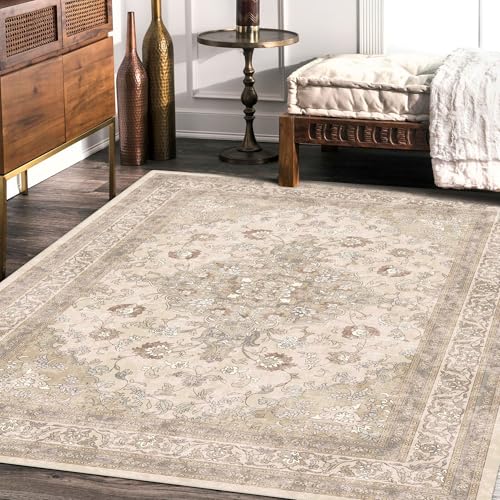 vivorug Beige 9x12 Area Rugs for Living Room, Non Slip Machine Washable Vintage Rug, Ultra-Thin Lightweight Large Area Rug for Bedroom, Dining Room, Low Pile Rug