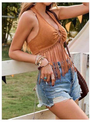 OYOANGLE Women's Boho Ring Linked Fringe Trim Halter Top Sleeveless Open Back Cropped Tops3