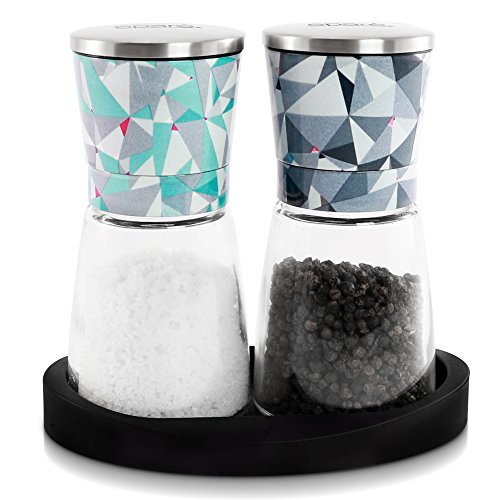 Eparé Salt and Pepper Mill Set - Adjustable Ceramic Grinder for Pink Himalayan Sea Salts & Black Peppercorns - Spice Container with Stand