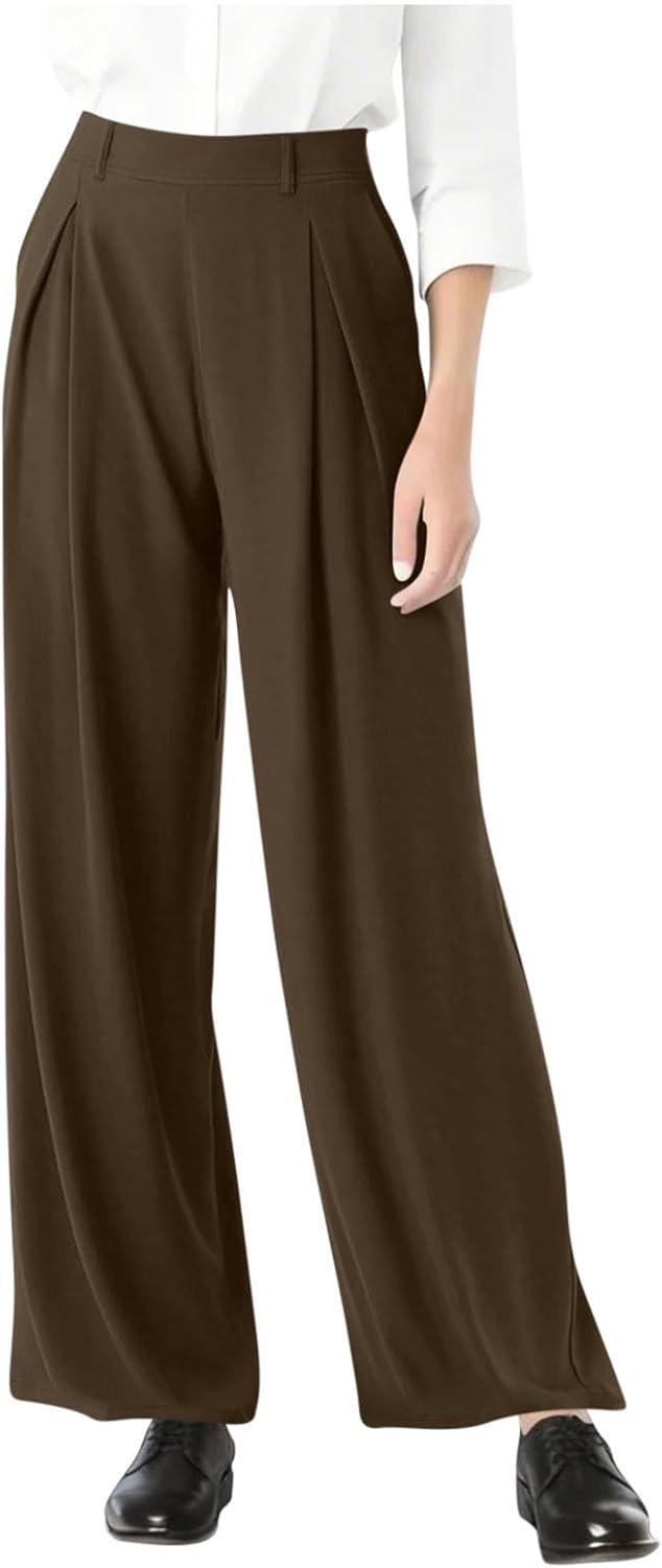 Womens Dress Pants Wide Leg Stretchy Work Pants with Pockets Elastic Waist Pleated Front Business Casual Slacks