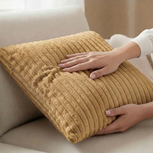 Image of Yellow Weaves Pencil-Stripe Fur Cushion Covers | Soft Polyester | Decorative Sofa & Throw Pillow Covers | 16x16 Inches, Pack of 1 (Golden Brown)