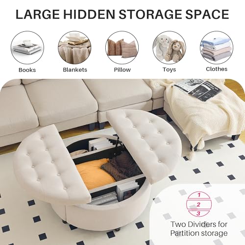 Redlifeᅟᅠ 00080+81 Redlife 35 Inch Wide Round Ottoman With Storage, Storage Ottoman Coffee Table, Tufted Round Ottoman Coffee Table Linen Fabric Round Coffee Table Ottoman thumb #2