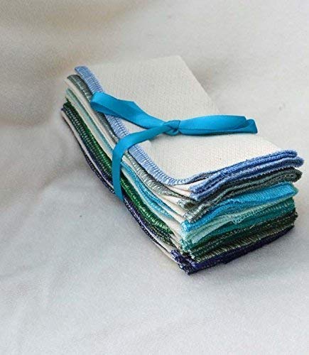 2 Ply 11x12 Inches Organic Cotton Birdseye Paperless Towel Set of 10 Assorted Blues and Greens - Proudly Made in the USA!