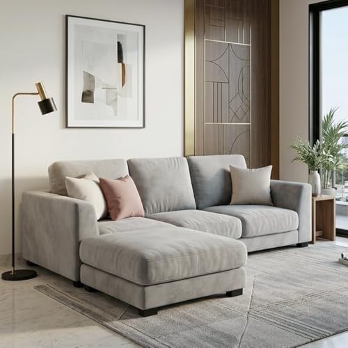 Image of FURNY Revona 4 Seater L Shape Sofa Set with Movable Ottoman | Flexible Left or Right Layout | Plush Velvet Fabric (Light Grey) | Perfect for Living Room, Guest Room & Office