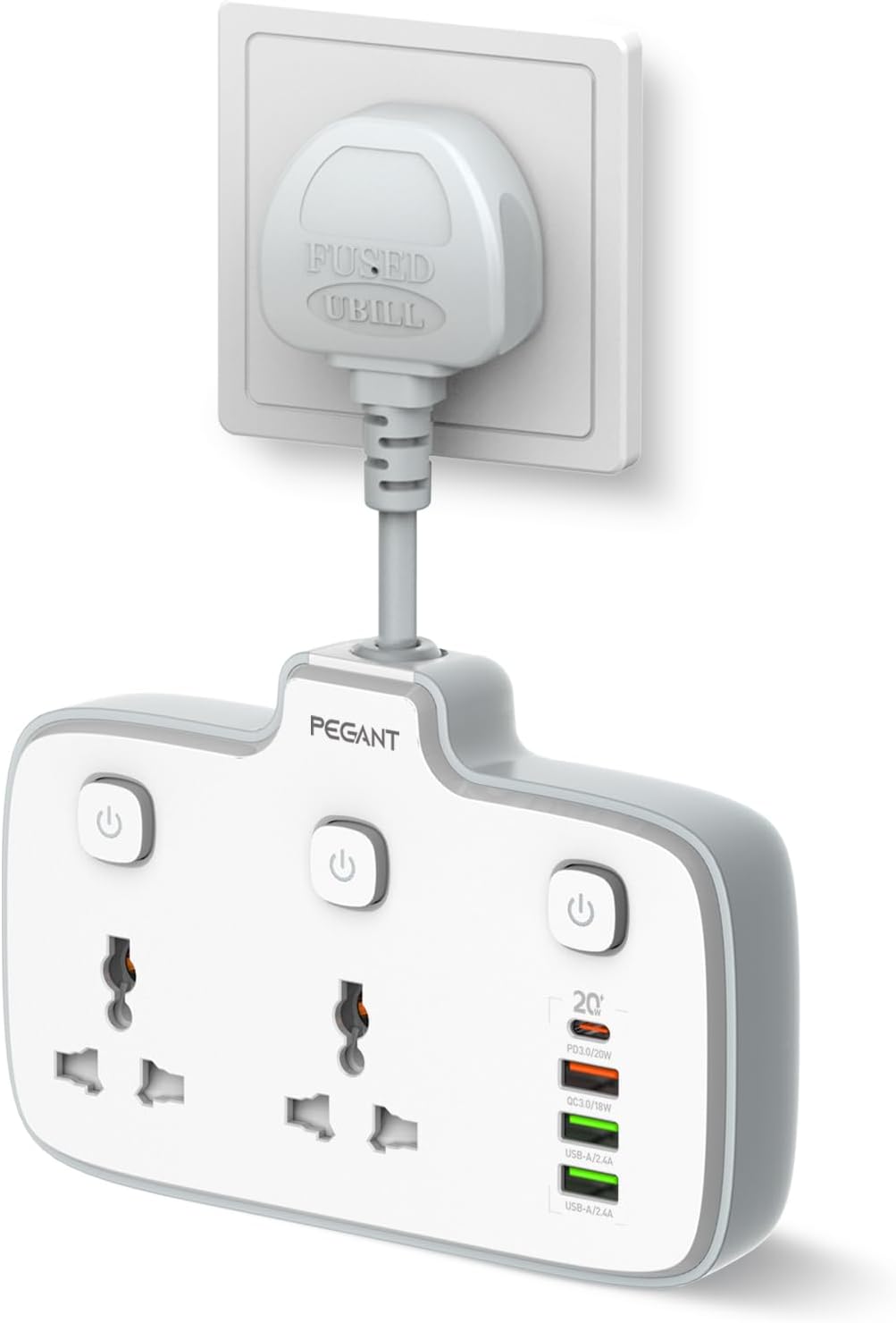 PEGANT Power Extension Socket Plug Adapter, 2 Universal Outlet, USB-C ...