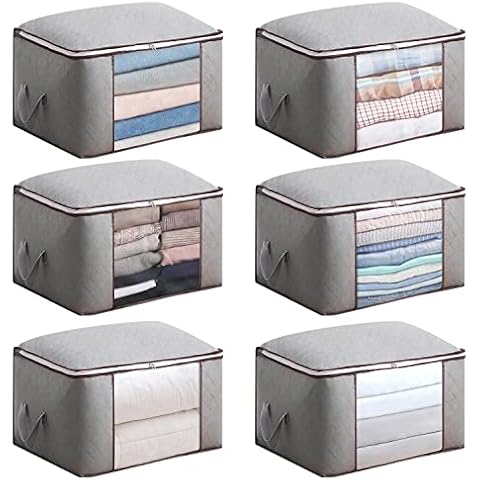 6 Pack Clothes Storage Bag, Storage Bags for Clothes, Beddings, Comforters, Duvets, Blankets, Foldable Wardrobe Underbed Storage Bags with Reinforced Handle, Sturdy Zipper and Clear Window (Grey) Cover