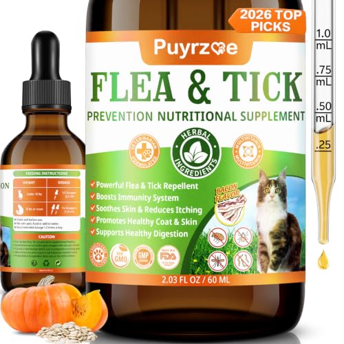 Puyrzoe Cat Flea Treatment Natural Oral Flea and Tick Prevention for Cats Drops with Pumpkin Seed Echinacea & Omega-3/6/9- Support Immunity Healthy Skin & Coat Digestion & Overall Wellness 60 ML