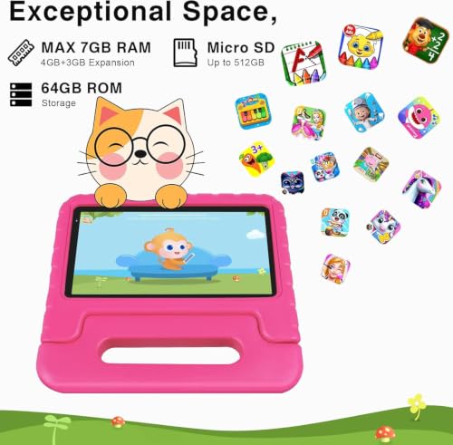 Image of JUSYEA Tablet 7-Inch Android, 64GB ROM (1TB TF), Octa-Core, Widevine L1, GPS, 5G+2.4G WiFi 6, 3500mAh, BT 5.0, Parental Controls, EVA Silicone Protective Case-Pink