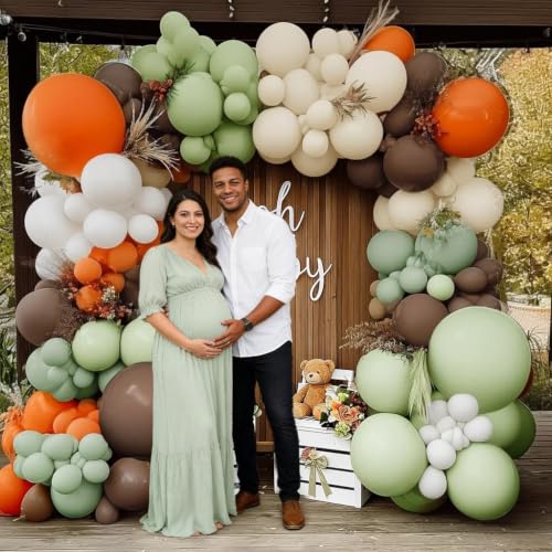 Image of Dusty Green Orange Brown Fall Color Balloon Arch Garland Kit | Double Stuffed Burnt Orange Coffee Beige Balloons for Boho Birthday Thanksgiving Autumn Neutral Baby Shower Party Decor