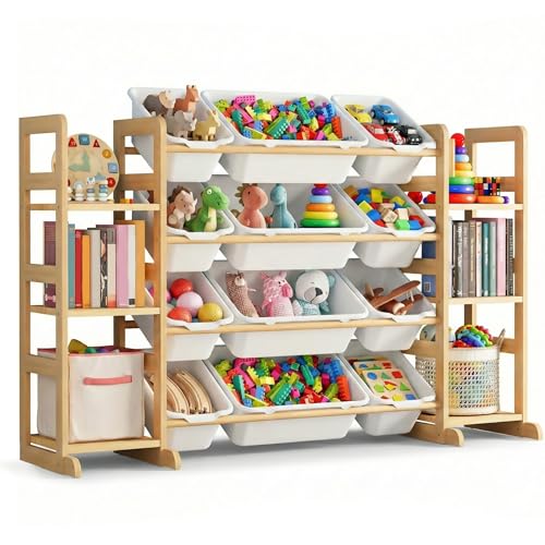 Kiddocood Kids Toy Storage Organizer with 12 Bins 100% Solid Wood - Natural Finish Montessori Toy Organizer BPA Free CPC & TIC Certified Playroom Organization for Living Room & Nursery 52.3