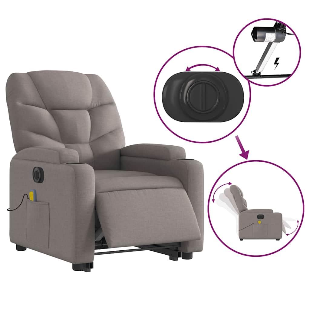 Sillón elevador eléctrico reclinable de tela gris con 6 puntos de vibración y elevación automática, asiento cómodo y estable para relajación y bienestar