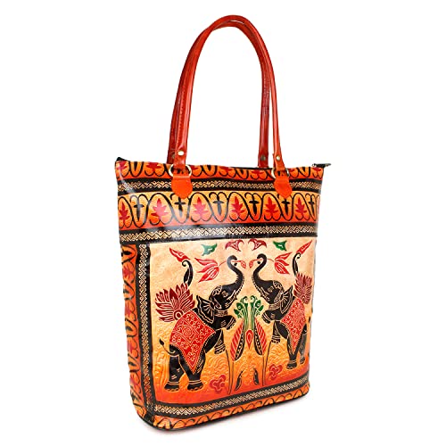 Twin Royal Elephants Design Ethnic Hand Embossed Shantiniketan Leather Indian Shopping Bag3