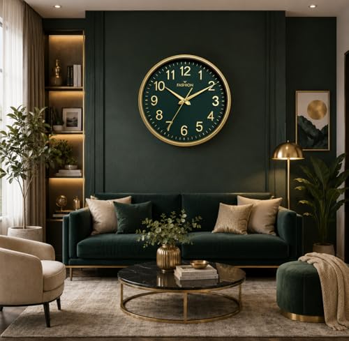 Image of Elica Fashion Round Wall Clock, Green & Gold, Roman Numerals, Decorative Home Decor for Living Room (Gold-FF)