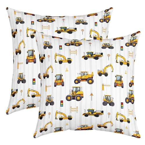 Kids Cartoon Trucks Pillow Covers 20x20 Inch Set of 2 Cute Yellow Tractor Excavator Decor Cushion Covers for Boys Teens Adults Traffic Lights City Construction Vehicle Cushion Cases for Living Room