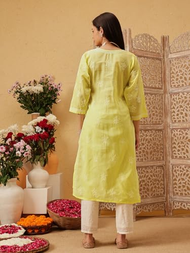Image of Ada Women's Cotton Straight Fit Straight Hand Embroidered Lucknowi Chikankari Kurta Kurti A411165