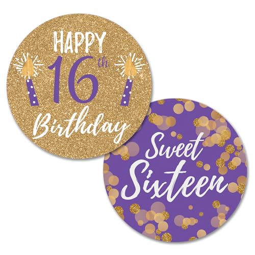 Sweet 16 Thank You Stickers for Girls, Purple and Gold, 40 Count, 1.75"