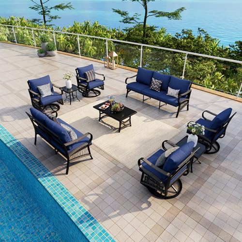Image of 9 Pieces Patio Conversation Sets, All-Weather Metal Swivel Rocking Chairs with Rope Furniture Set, Outdoor Sofa Couch for Deck, Porch, Garden, Backyard, Poolside (Blue Cushions)