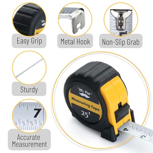 Image of Mr. Pen- Retractable Tape Measure 25 ft, 2 Pack, Yellow, Steel Retractable Measuring Tape with Fractions