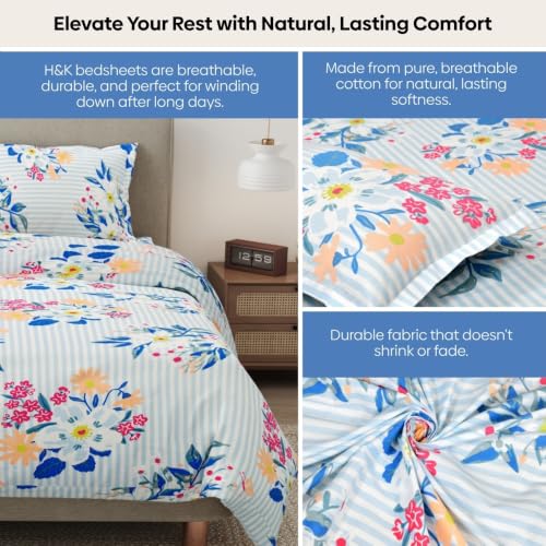 Image of Haus & Kinder King Bedsheet with 2 Pillow Covers 274 x 274 cm Set of 1 | 186 TC King Size Bed Sheet for Double Bed Twill Weave | Blue Floral Tapestry Design - Pack of 1