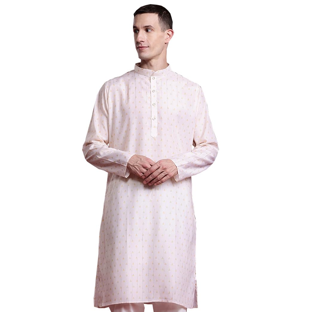 Men's Sequinned Lurex Stripe Ethnic Motifs Printed Straight Kurta - Mandarin Collar, Long Sleeves, Straight Hem, Knee Length, Regular Fit, 2 Pockets, Side Slits-image-18