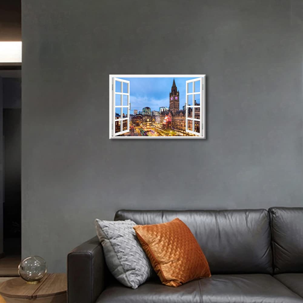 3D Window Effect Manchester Canvas Prints Wall Decor Artwork Albert Square Cityscape Poster Wall Art Print for Bedroom Living Room Bathroom Office Home Decorations Framed Ready to Hang - Image 4