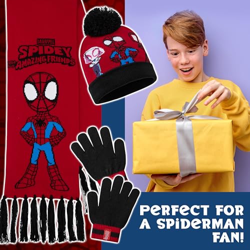 Marvel Mütze Jungen Winter Set, warm und bequem - Geschenke für Jungs(Rot/Schwarz Spidey 3 Stück)