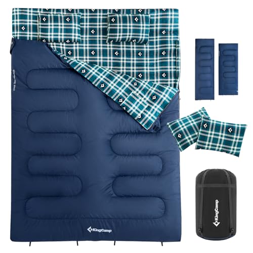KingCamp Double Sleeping Bag for Adults, Queen Size 2 Person XXL Flannel Sleeping Bag, Waterproof Lightweight Flannel Quilt with 2 Pillows, Perfect for Couples Family Camping Hiking, Navy