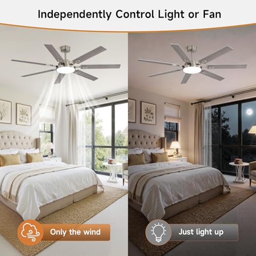 Image of 64 Inch Ceiling Fans with Lights and Remote, Bedroom Living Room Office Library Cafe Outdoor Industrial, 5CCT Dimmable, Dual Color 7 Blades, 6 Speed Reversible Quiet DC Motor, Sand-nickel /Wood Grain