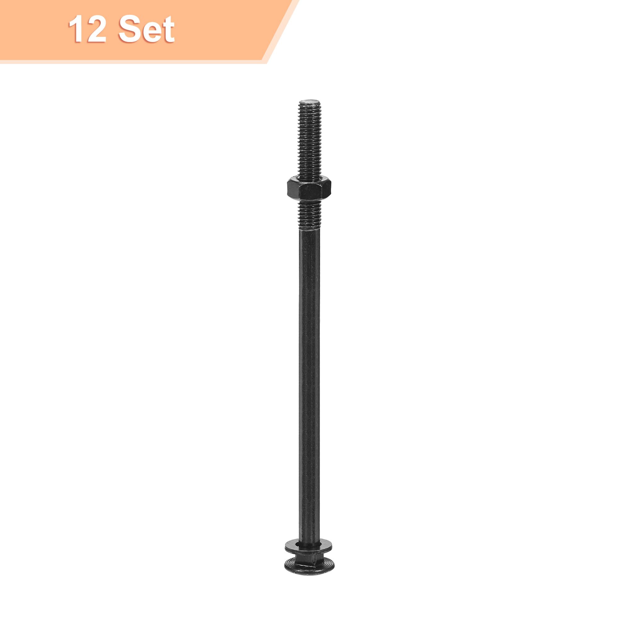 QUARKZMAN M10x200mm Bulloni A Testa Tonda Con Collo Quadrato Con Dadi E Rondelle, 12Set 304 Acciaio Inossidabile Bulloni A Testa Tonda Con Collo Quadrato, Nero