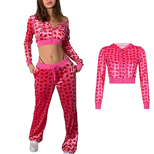 Women Lounge Heart Printing Long Sleeve Zipper Hoodies Velvet Crop Tops Sweatsuit Graphic Printed Tracksuit(C-Hot Pink Love Top,Small)