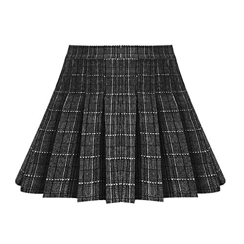 easyforever Girls Kids Casual Above Knee Length A-line Pleated Plaid Print Skirt Dance Short Skirt Grey 3-4