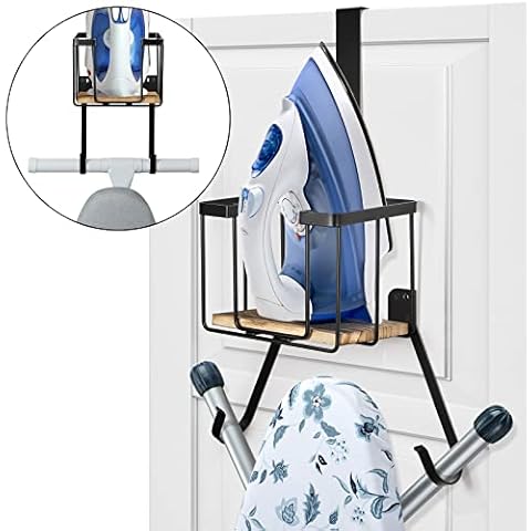 TJ.MOREE Wall Mount/Over the Door Ironing Board Holder with Large Storage Basket, Laundry Room Iron and Ironing Board Holder Storage Holder Cover