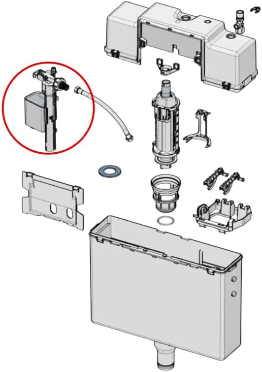 Bugbamu view of a toilet cistern assembly with the Roca AV0022400R float valve highlighted
