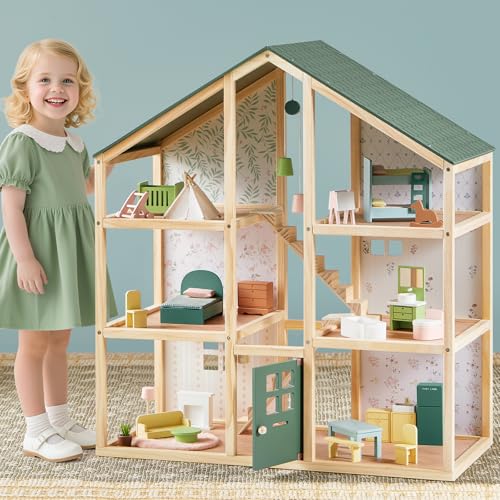 Tiny Land Wooden Dollhouse for Girls - 6 Rooms Wooden