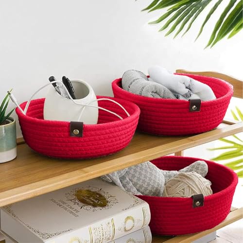 Image of Handmade Jute Cotton Storage Baskets Set of 3 for Dining Table, Fruit Basket & Roti Bowl, Cane Style Organizer for Kitchen, Home Decor, Washable Multipurpose (Red)