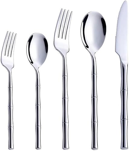 Miniatura 5 de IKXO Juego de cubiertos de bambú de 60 piezas de acero inoxidable para 12, moderno juego de cubiertos para el hogar, cocina, fiesta, restaurante,
