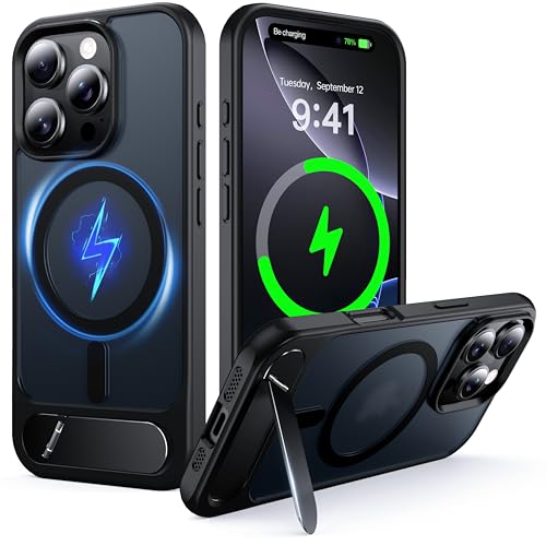NJROW Magnetic Stand for iPhone 16 Pro Max Case Compatible with MagSafe [Stand & Wireless Charging 2in1] [Flush Hidden Kickstand] [Military Shockproof] Slim Translucent Matte Silicone Black