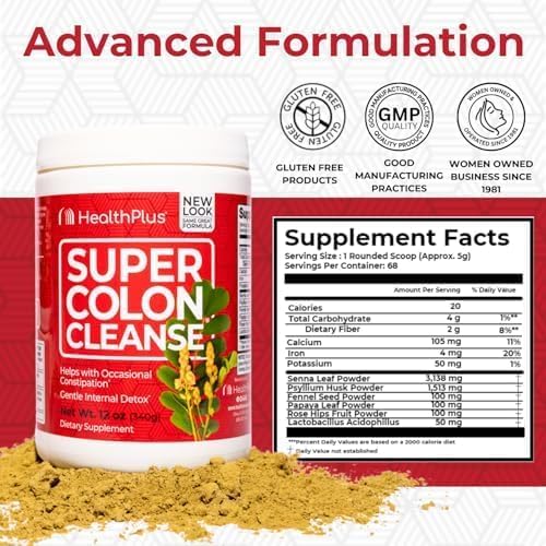 Health Plus Super Colon Cleanse, 12 oz Powder, 68 Servings - Natural Detox, Digestive Constipation Relief, Gentle Gut Cleanse with Psyllium Husk & Senna Leaf - Image 2