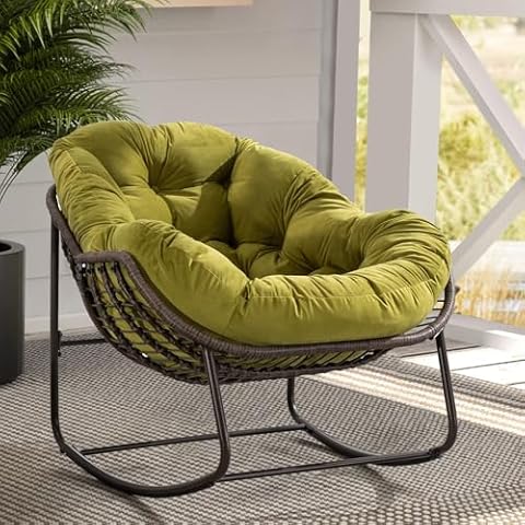 NIOIIKIT Papasan Rocking Chair, Rattan Rocking Chair, Papasan Chair with Thick Cushion, Egg Rocking Chair with Steel Leg, Indoor Lounge Rocker Chair for Living Room, Garden (Olive Green) Cover