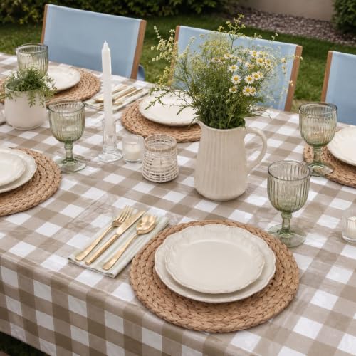 Image of Blue Orchards Brown Gingham Table Cover (Pack of 3 with 20 Glue dots) - 54 inchx108 inch XL - Brown and White Buffalo Checkered Picnic Plastic Tablecloth, Camping Decoration, Outdoor Birthday Party Supplies