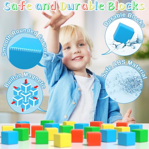 Image of Magnetic Blocks Large, 56PCS 1.34in Magnetic Building Blocks, 3D Magnetic Cubes for Toddlers, Preschool Educational Construction Kit, Sensory Montessori Toys Kids Blocks for Boys Girls Toddlers