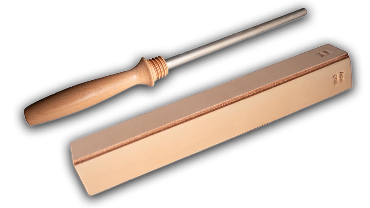 Schmiedeglut Diamantleder Unlimited 5-in-1 Messerschärfer | Diamantplatten (38 µm / 15 µm), Abziehleder mit Diamantpasten (9 µm / 3 µm) und Rundstab für Wellenschliff | Made in Germany | 1002710